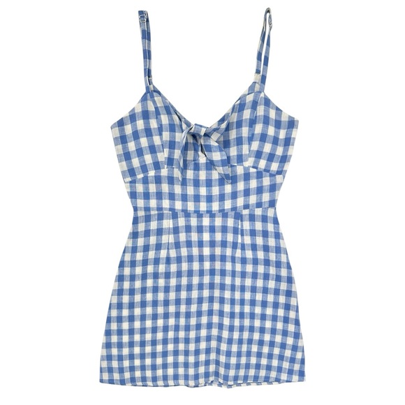 Reformation Dresses & Skirts - [sold] Reformation Belize Blue White Gingham Plaid Front Knot Linen Mini Dress